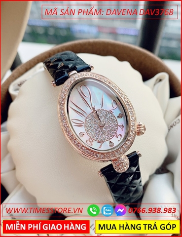 Đồng hồ Nữ Davena Mặt Elip Dây da Đen Đá Swarovski Rose Gold