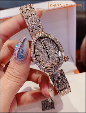 Đồng hồ Nữ Davena Mặt Elip Full Đá Swarovski Rose Gold
