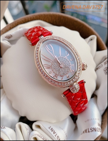 Đồng hồ Nữ Davena Mặt Elip Dây da Đỏ Đá Swarovski Rose Gold