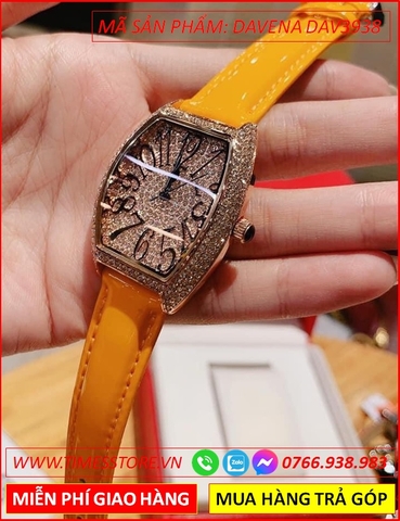 Đồng hồ Nữ Davena Mặt Oval Đính Full Đá Swarovski Dây Da Vàng