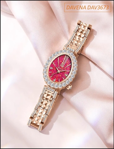 Đồng hồ Nữ Davena Mặt Elip Full Swarovski Đỏ Rose Gold (36mm)