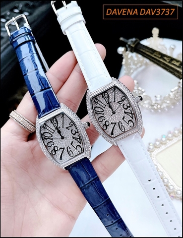 Đồng hồ Nữ Davena Mặt Oval Dây da Xanh Đá Swarovski Silver