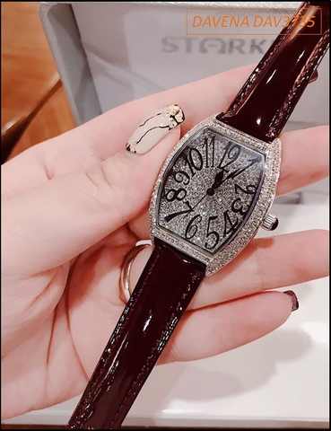 Đồng hồ Nữ Davena Mặt Oval Dây da Đỏ mận Full Đá Swarovski