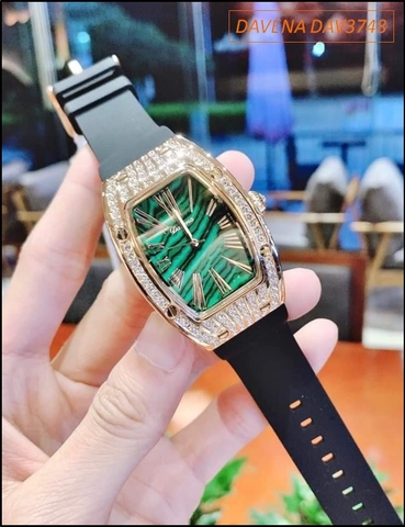 Đồng hồ Nữ Davena Mặt Oval Xanh Silicone Swarovski Vàng Gold