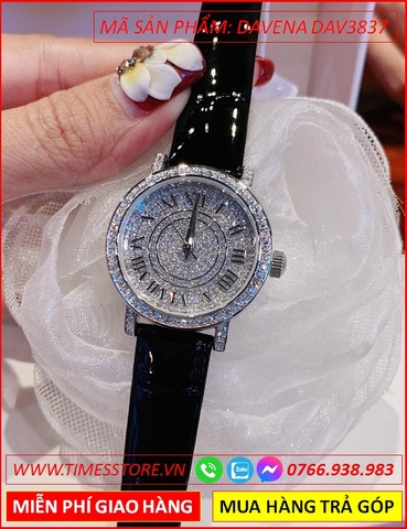 Đồng hồ Nữ Davena Dây Da Đen Mặt Tròn Đính Full Đá Swarovski