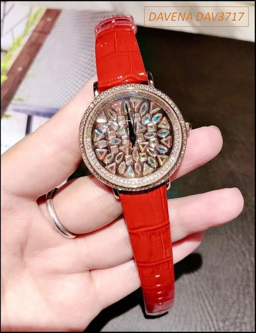 Đồng hồ Nữ Davena Swarovski Dây da Đỏ Mặt Full Pha lê Crystal