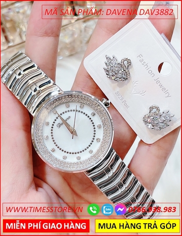 Set Đồng hồ Nữ Davena Mặt Tròn Đá Swarovski Dây Kim Loại Silver
