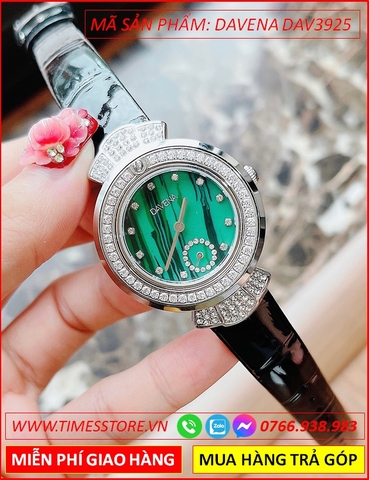 Đồng hồ Nữ Davena Mặt Tròn Dây Da Xanh Lá Full Đá Swarovski