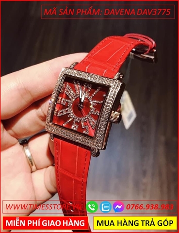 Đồng hồ Nữ Davena Mặt Vuông Dây Da Đỏ Viền Đá Swarovski