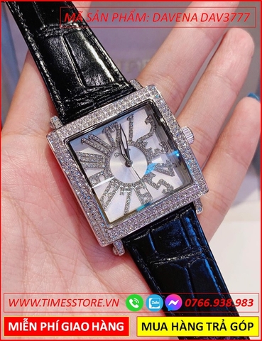 Đồng hồ Nữ Davena Mặt Vuông Dây Da Đen Viền Đá Swarovski (36mm)