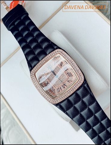Đồng hồ Nữ Davena Mặt Vuông Dây da Swarovski Rose Gold