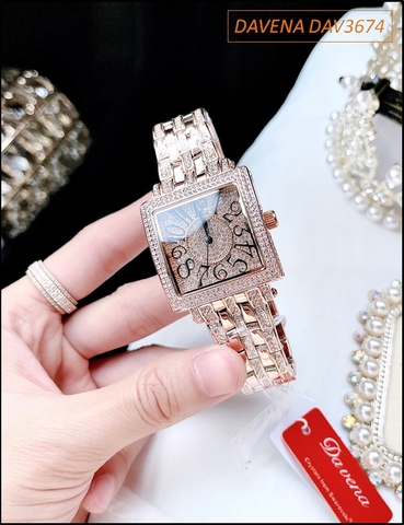 Đồng hồ Nữ Davena Mặt Vuông Full Đá Swarovski Rose Gold