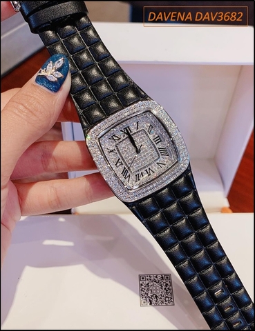 Đồng hồ Nữ Davena Mặt Vuông Dây da Đen đính đá Swarovski