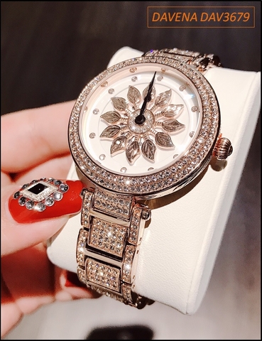 Đồng hồ Nữ Davena Bông hoa xoay Full Swarovski Rose Gold