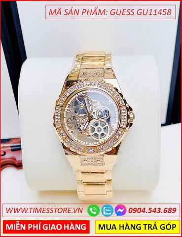 Đồng Hồ Nữ Guess Mặt Đính Đá Lộ Máy Dây Kim Loại Vàng Gold
