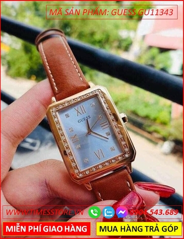 Đồng Hồ Nữ Guess Mặt Chữ Nhật Đính Đá Dây Da Nâu
