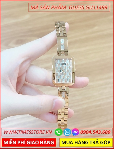Đồng Hồ Nữ Guess Mặt Chữ Nhật Đính Pha Lê Dây Kim Loại Vàng Gold