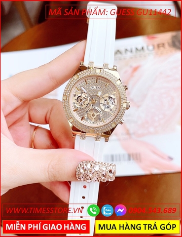 Đồng Hồ Nữ Guess Vàng Gold Mặt Full Đá Dây Silicone Trắng