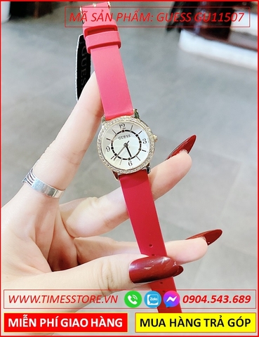 Đồng Hồ Nữ Guess Mặt Tròn Đính Đá Dây Silicone Đỏ