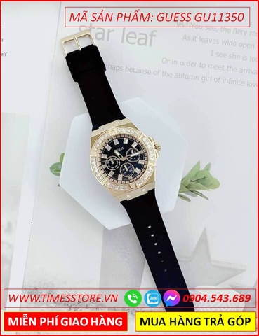 Đồng Hồ Nữ Guess Mặt Tròn Đính Đá Vàng Gold Dây Silicone Đen