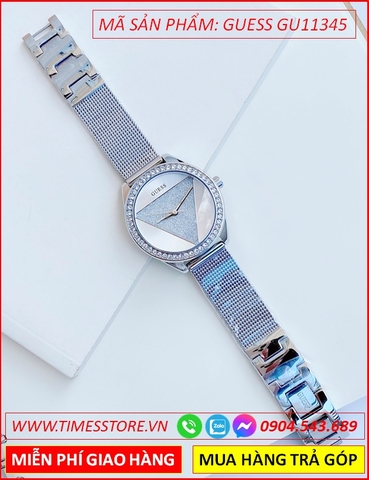 Đồng Hồ Nữ Guess Mặt Tròn Đính Đá Swarovski Dây Mesh Lưới Silver