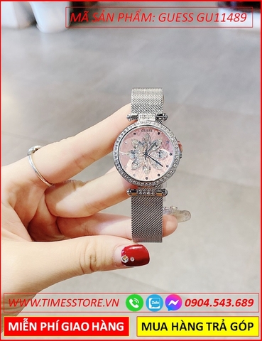 Đồng Hồ Nữ Guess Mặt Tròn Đính Hoa Pha Lê Dây Mesh Lưới