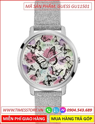 Đồng Hồ Nữ Guess Mặt Tròn Hình Bướm Dây Da Nhũ Trắng