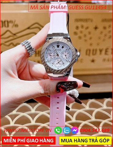 Đồng Hồ Nữ Guess Tựa Hublot Mặt Tròn Dây Silicone Hồng