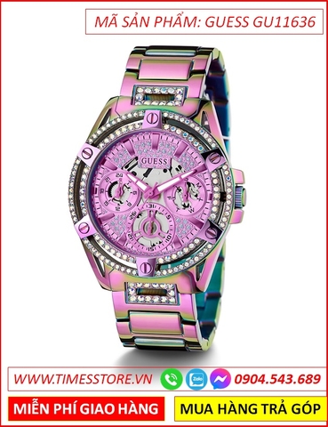 Đồng Hồ Nữ Guess Queen Multifunction Đính Đá Dây Kim Loại Màu Tím