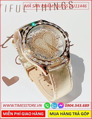 Đồng Hồ Nữ Guess Trendy Mặt Đính Đá Trái Tim Dây Da Vàng Nhũ