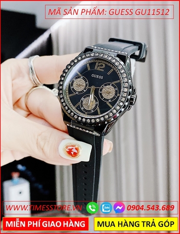 Đồng Hồ Nữ Guess Tựa Hublot Mặt Đính Đá Full Đen Dây Silicone Đen