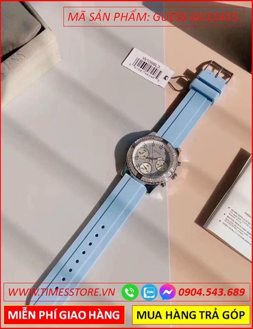 Đồng Hồ Nữ Guess Tựa Hublot Mặt Đính Đá Dây Silicone Xanh