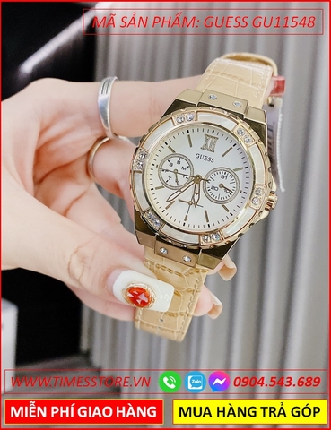 Đồng Hồ Nữ Guess Tựa Hublot Mặt Trắng Đính Đá Dây Da Màu Nude