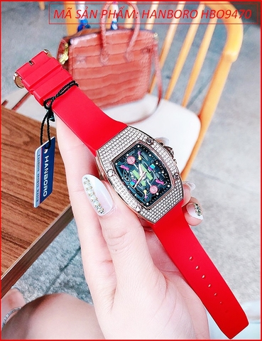 Đồng hồ Hanboro Nữ Mặt Oval Candy Rose Gold Dây Silicone Đỏ (36mm)