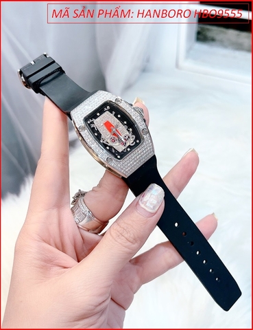 Đồng Hồ Hanboro Nữ Chữ LOVE Mặt Oval Full Đá Swarovski Silicone