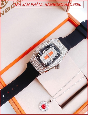 Đồng Hồ Nữ Hanboro Mặt Oval Đính Đá Swarovski Dây Silicone Đen