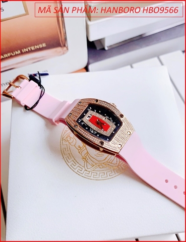 Đồng Hồ Nữ Hanboro Mặt Oval Full Đá Rose Gold Dây Silicone Hồng