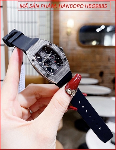 Đồng Hồ Nữ Hanboro Mặt Oval Full Đá Swarovski Dây Silicone Đen