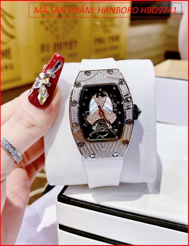 Đồng Hồ Nữ Hanboro Mặt Oval Full Đá Swarovski Dây Silicone Trắng