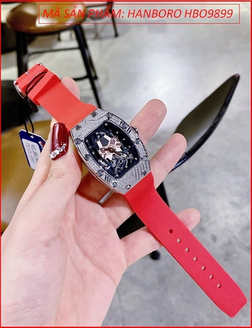 Đồng Hồ Nữ Hanboro Mặt Oval Full Đá Swarovski Dây Silicone Đỏ