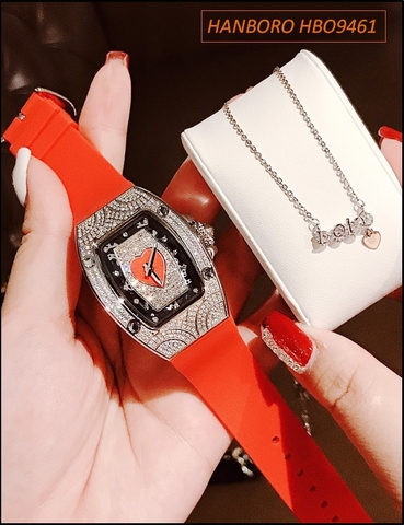 Đồng hồ Nữ Hanboro Mặt Oval Swarovski Dây Silicone Trái Tim Đỏ