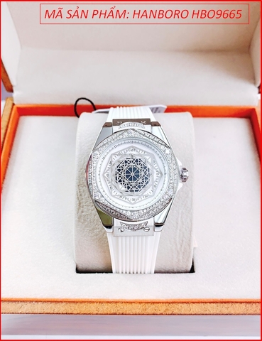 Đồng Hồ Nữ Hanboro Mặt Vũ Trụ Đính Đá Swarovski Dây Silicone