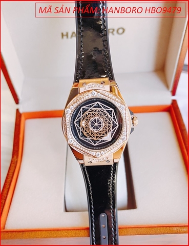 Đồng hồ Hanboro Nữ Mặt Vũ Trụ Đá Rose Gold Cao Su Đen