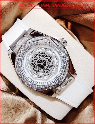 Đồng hồ Hanboro Nữ Mặt Vũ Trụ Swarovski Dây Silicone Trắng