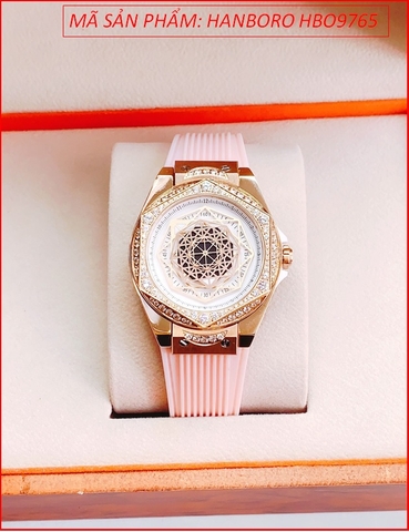 Đồng Hồ Nữ Hanboro Mặt Vũ Trụ Rose Gold Dây Silicone Hồng