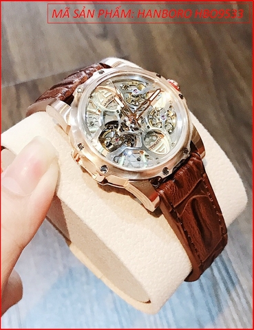 Đồng hồ Hanboro Nữ Tourbillon Automatic Rose Gold Dây Da (38mm)