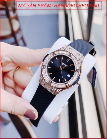 Đồng Hồ Nữ Hanboro Tựa Hublot Đính Đá Rose Gold Dây Silicone