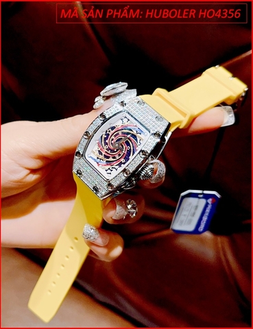 Đồng Hồ Nữ Huboler Mặt Oval Lốc Xoáy Full Đá Dây Silicone Vàng (36mm)