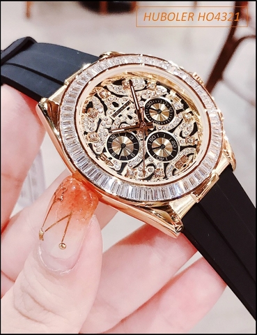 Đồng hồ Nữ Huboler Vàng Gold Luxury Dây Silicone Đen Unisex (40mm)