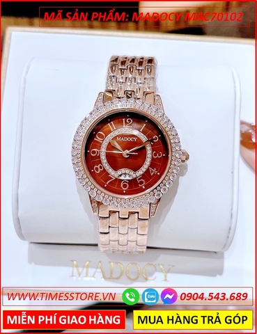 Đồng Hồ Nữ Madocy Mặt Đỏ Đính Đá Dây Rose Gold (34mm)